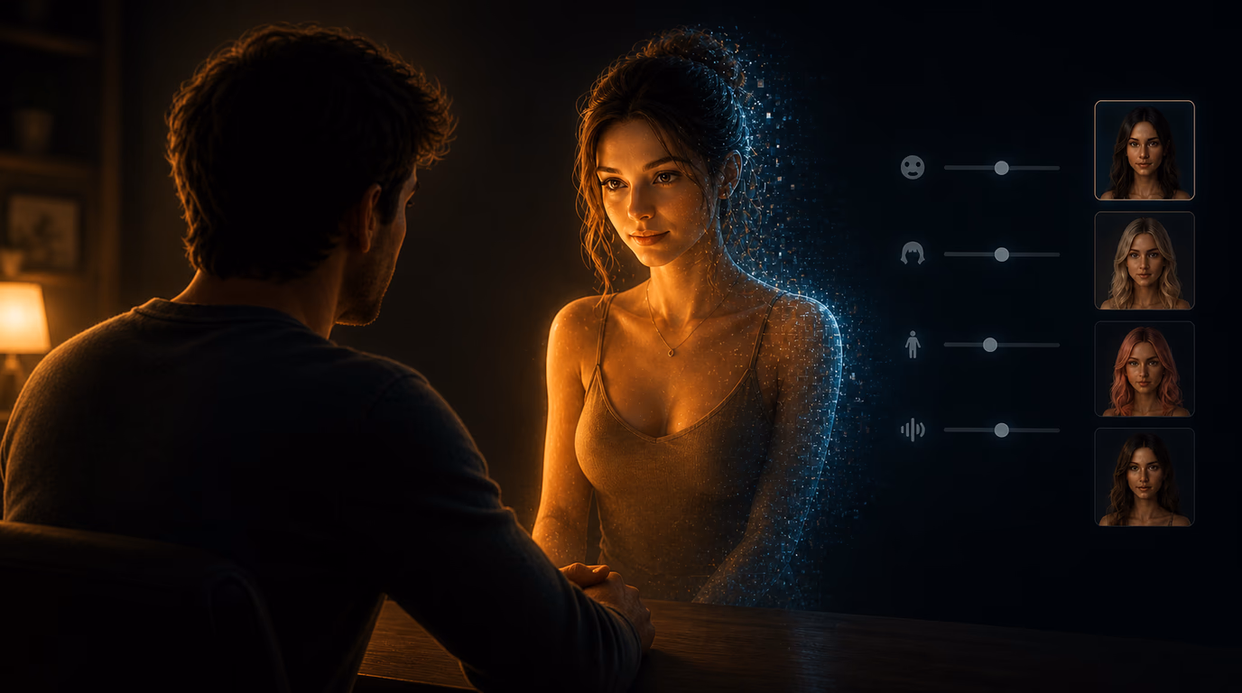 Un homme assis dans une pièce sombre fait face à un compagnon IA féminin partiellement composé de particules numériques, avec une interface de personnalisation en arrière-plan.