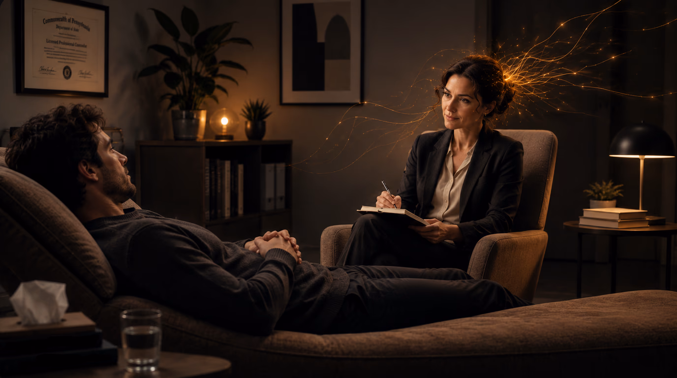 Photographie réaliste d'une séance de thérapie avec une IA : une femme psychiatre assise dans un cabinet sombre, avec des filaments dorés numériques émanant de sa tempe et un diplôme de Pennsylvanie accroché au mur.