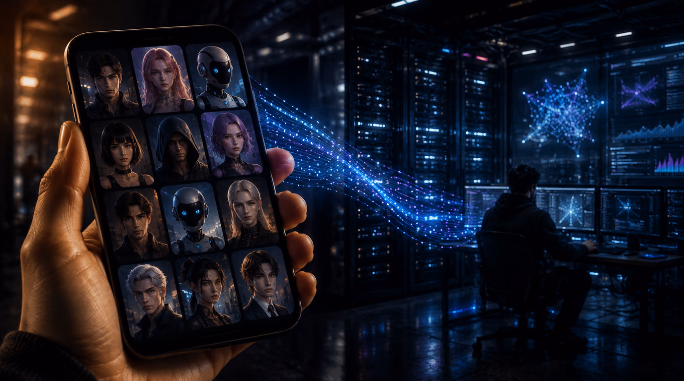 Application Chai AI avec personnages IA sur smartphone, reliée à un laboratoire de recherche par des flux de données.