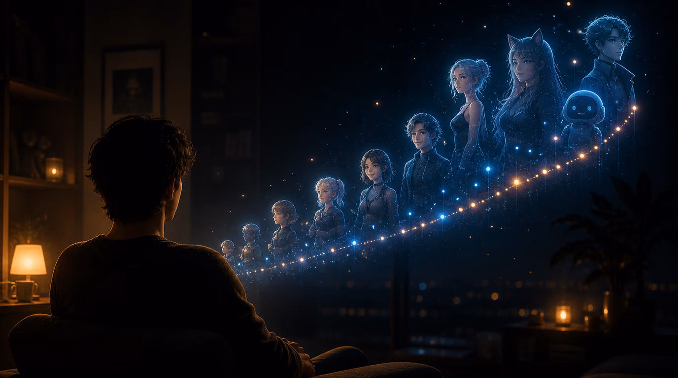 Un homme de dos observe une courbe de croissance lumineuse, comme un graphique ascendant fait de particules bleues et ambrées, où apparaissent plusieurs avatars de compagnons IA dans une ambiance sombre et cinématographique.