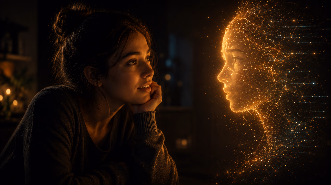 Jeune femme face à un compagnon IA lumineux et chaleureux, dont le visage numérique semble hésitant, pour illustrer les limites des chatbots trop empathiques.
