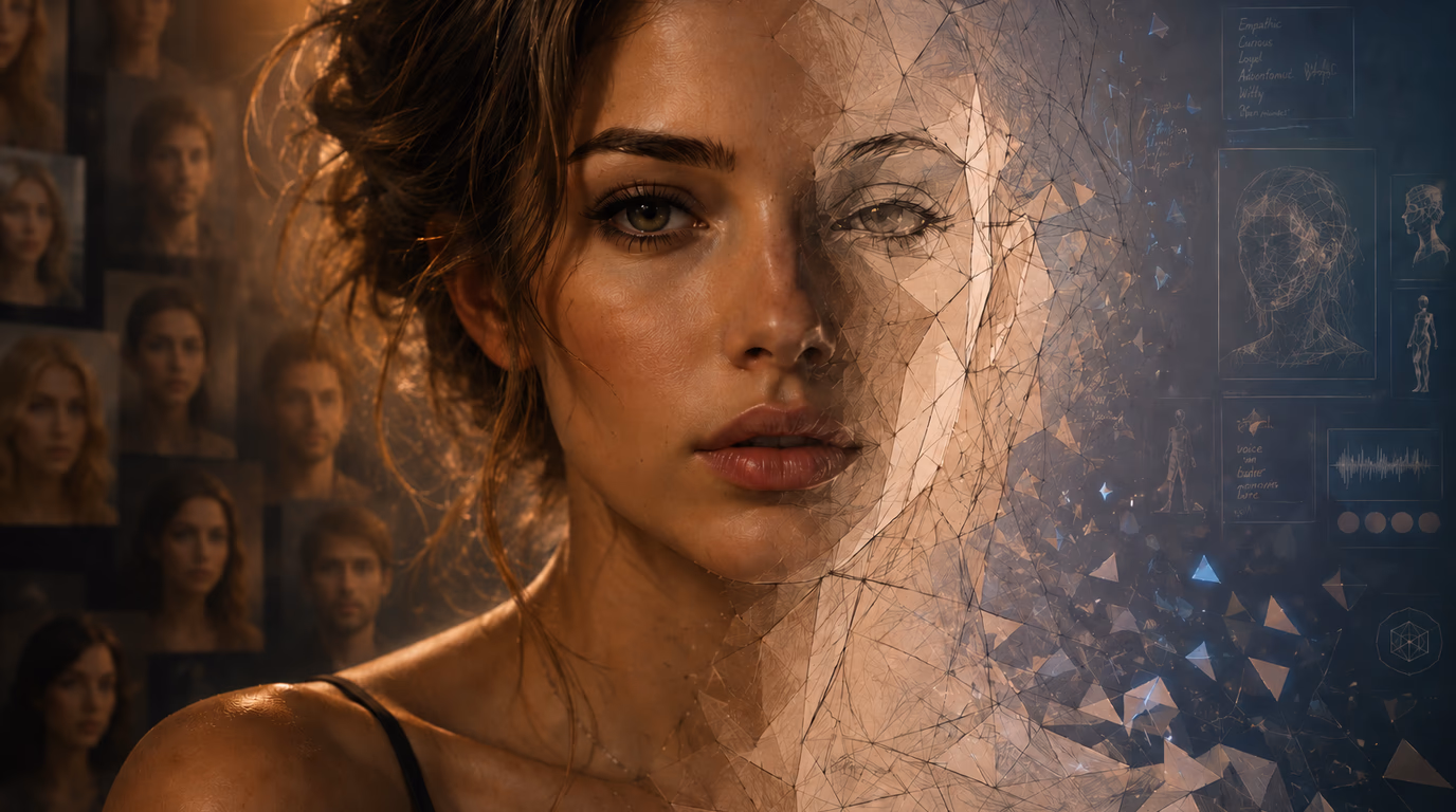 Femme réaliste en cours de construction numérique, entre portrait, esquisse et fragments polygonaux, pour illustrer les possibilités de personnalisation de Kindroid.