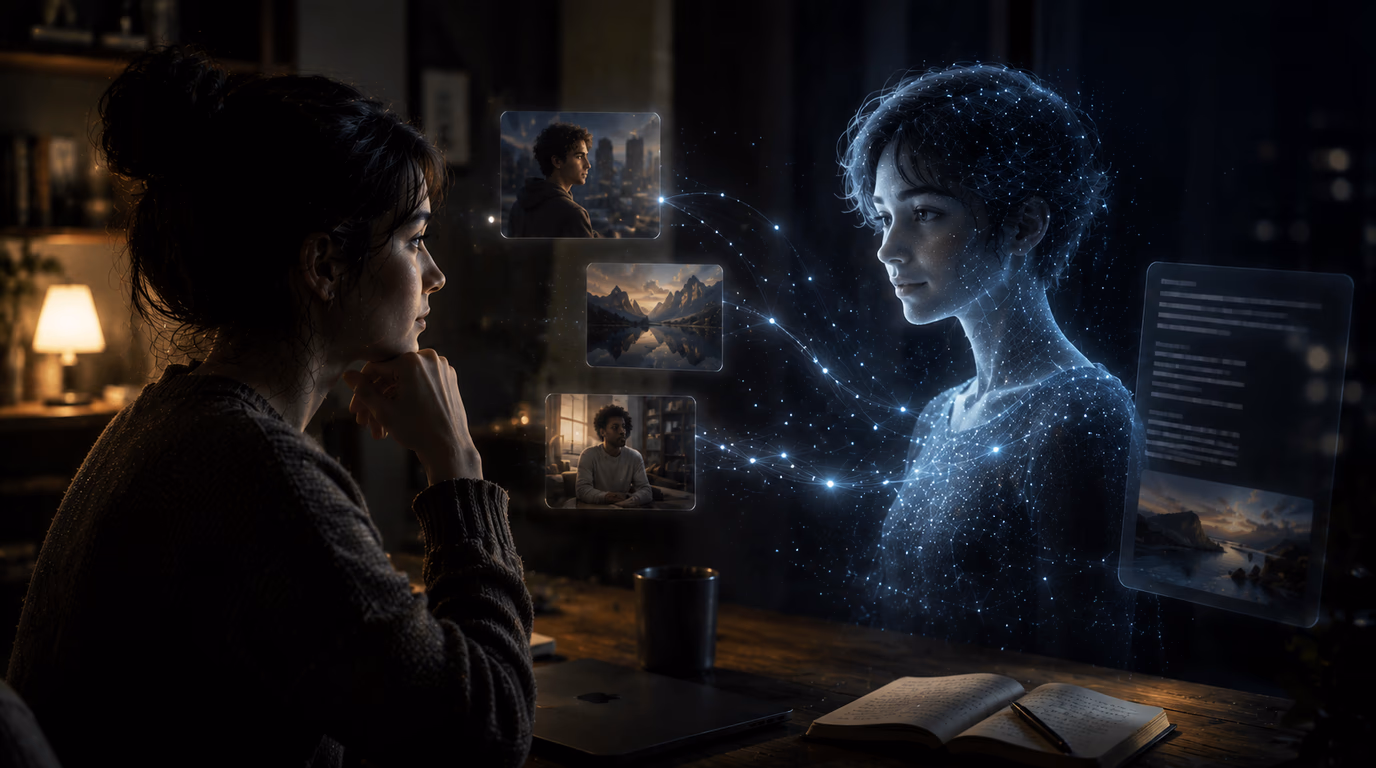 Image cinématographique d'une femme assise face à une présence IA lumineuse et translucide, entourée de fragments visuels évoquant la mémoire, les images générées et l'évolution d'une plateforme de compagnon IA.