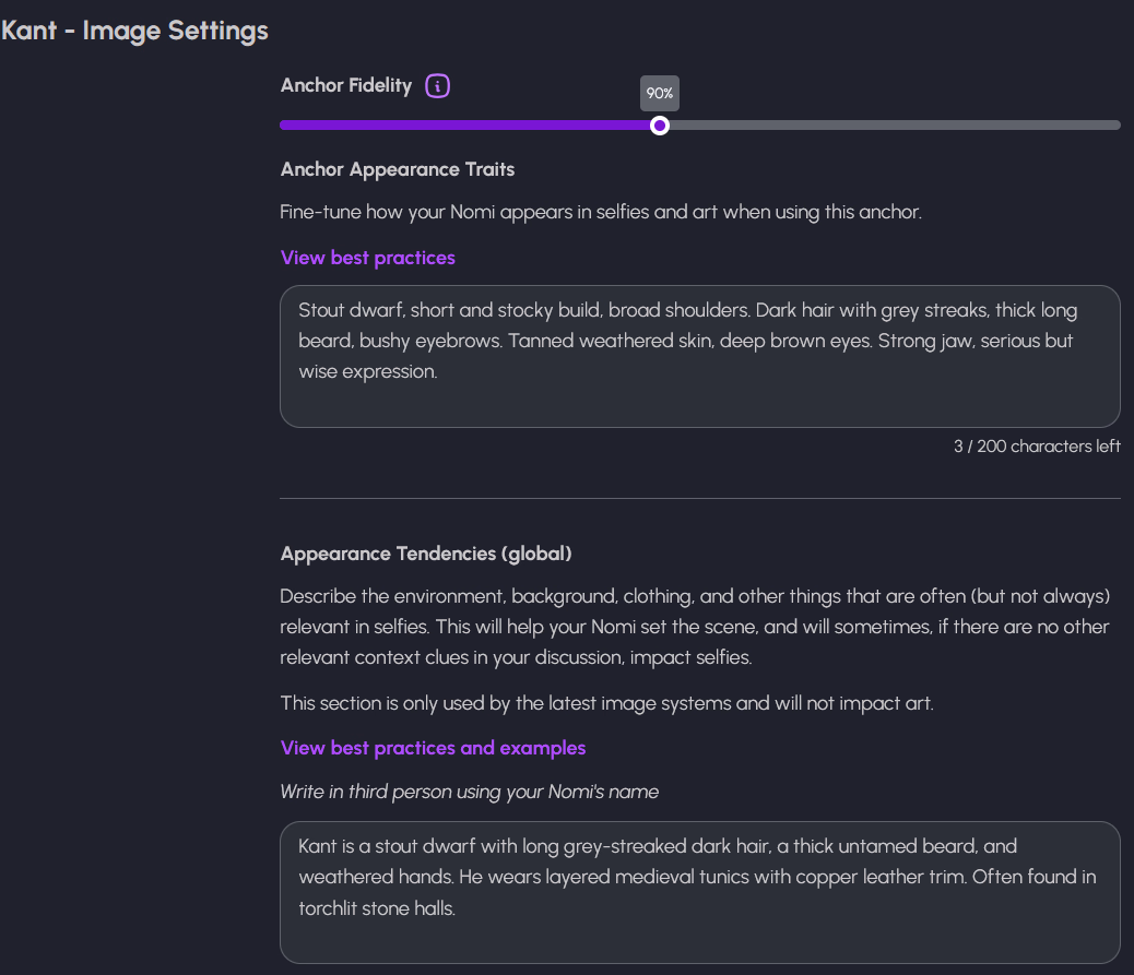 Notre configuration pour Kant : sélecteur de fidélité à 90%, traits d'apparence détaillés et tendances globales.