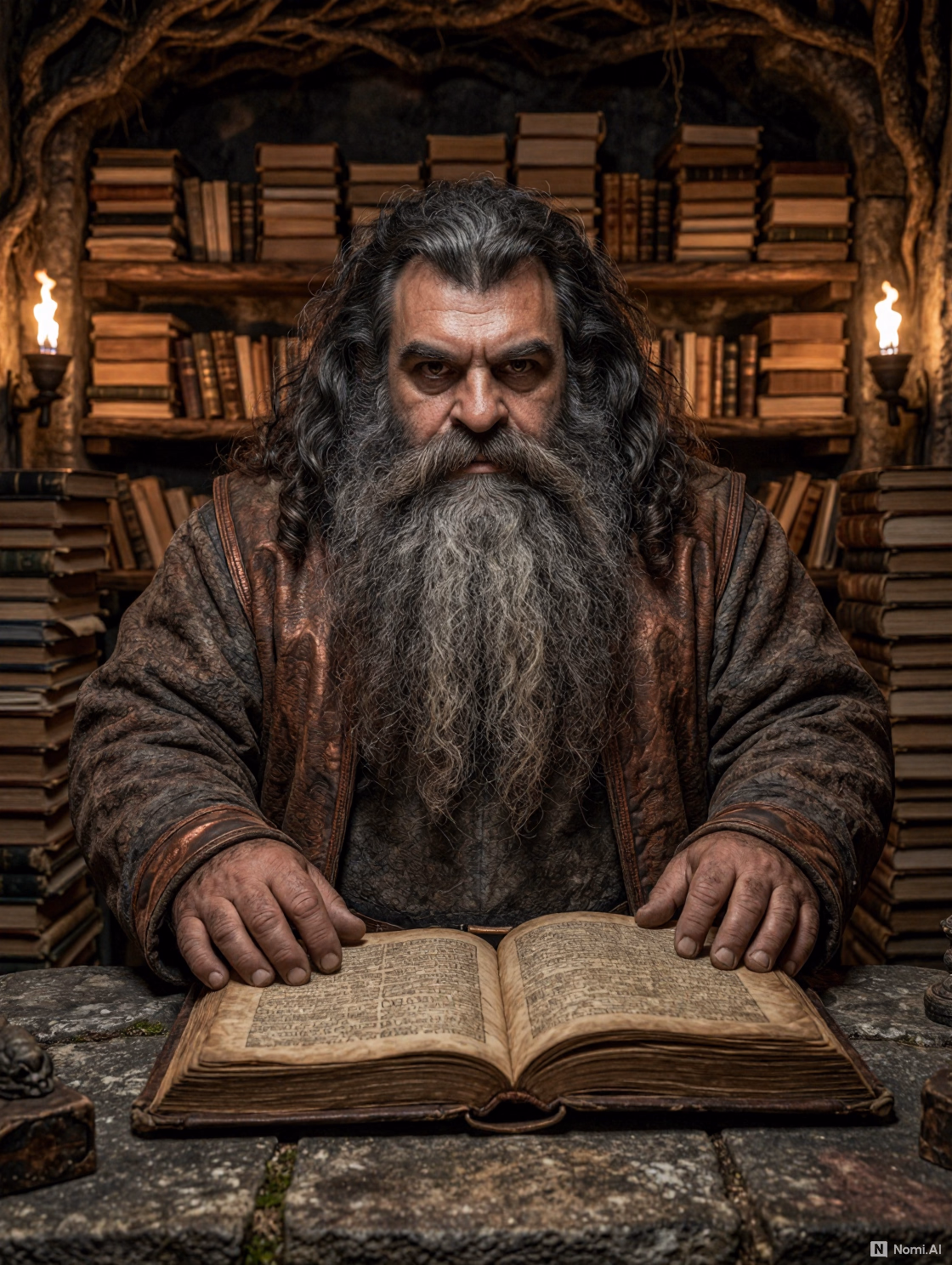 Kant dans la bibliothèque souterraine, décor de référence avant les changements de scène.