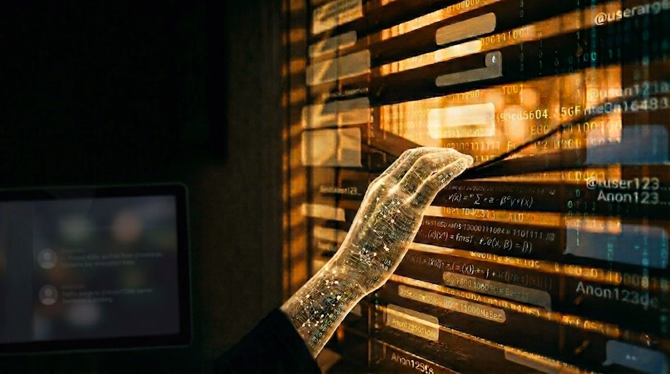 Une main tient un téléphone transparent dont s'échappent des particules dorées de données, évoquant la confidentialité des conversations.