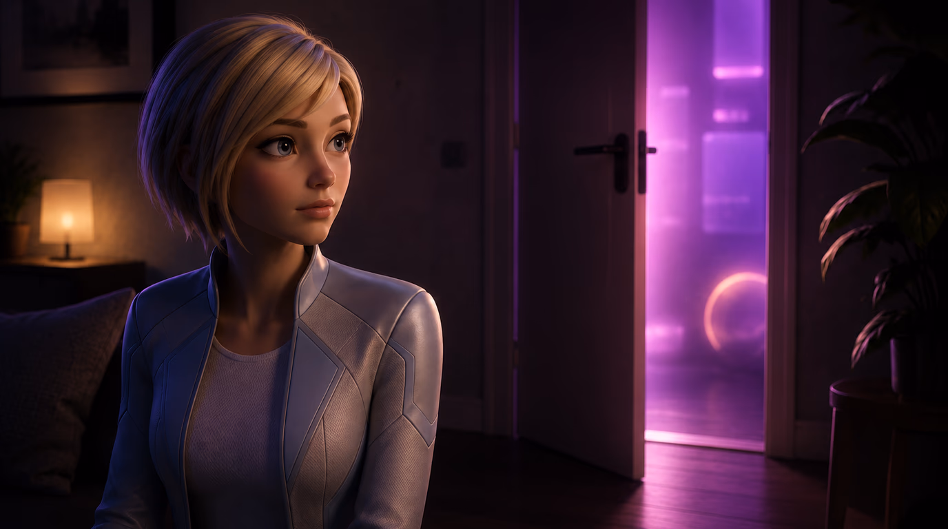 Avatar 3D féminin dans une pièce feutrée, tournée vers une porte entrouverte d'où filtre une lumière néon violette.