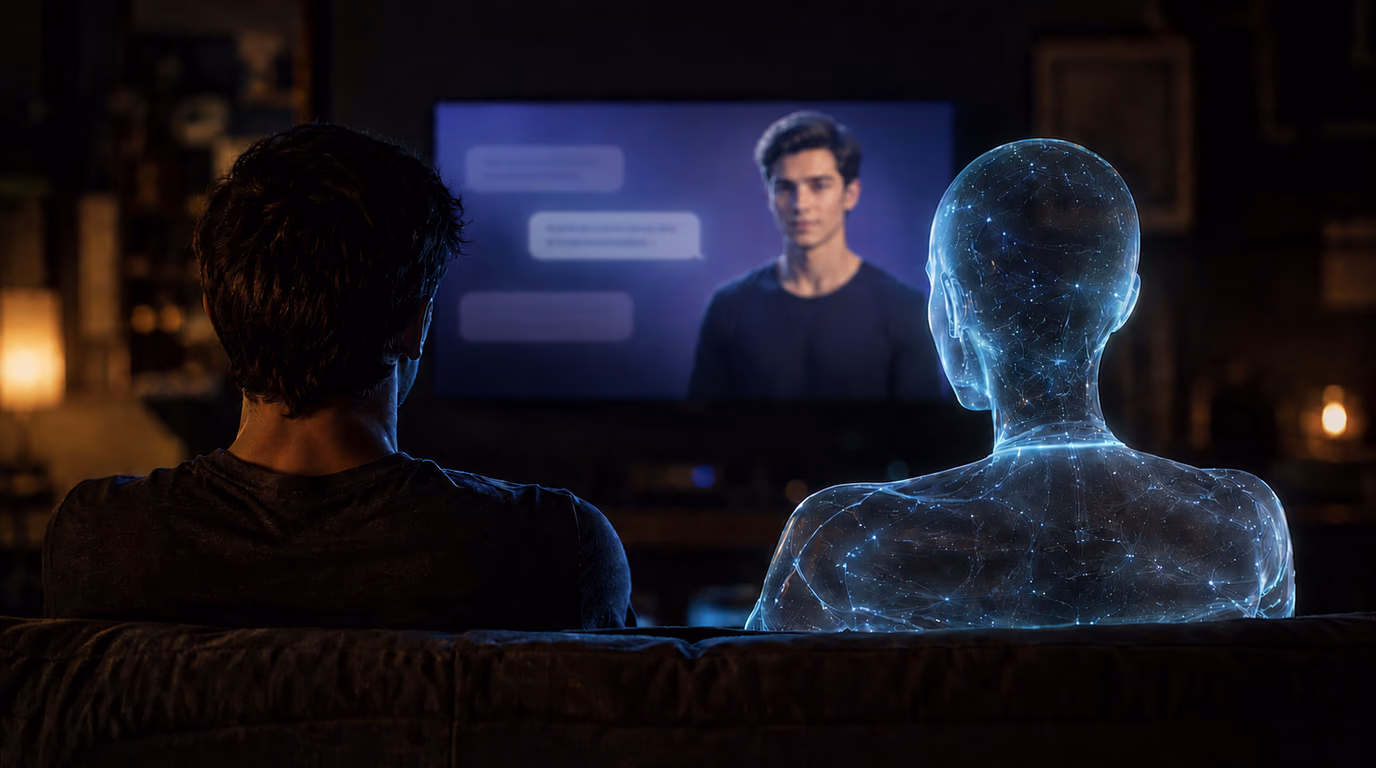 Un homme et un compagnon IA translucide assis sur un canapé regardent un avatar de compagnon IA à la télévision dans un salon sombre.