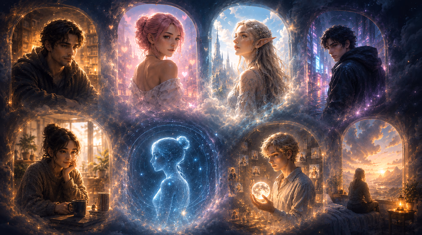 Illustration sombre et cinématographique montrant plusieurs portraits de compagnons IA dans des portails lumineux, chacun évoquant un univers différent entre conversation, roleplay, fantasy et relation virtuelle.