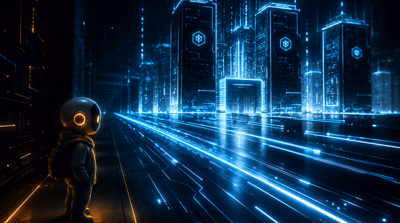 Petit compagnon IA observant une autoroute de données lumineuse menant vers des tours de serveurs géantes, symbole de la pénurie hardware liée aux data centers de l'IA.