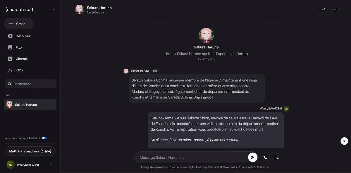 L'interface chat de Character.AI
