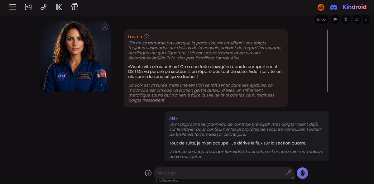 L'interface chat de Kindroid